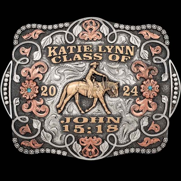 Celebrate your graduation with the Grace Graduation Buckle. Crafted on a hand-engraved german silver base, adorned with silver vines and copper scrolls. Customize it now!